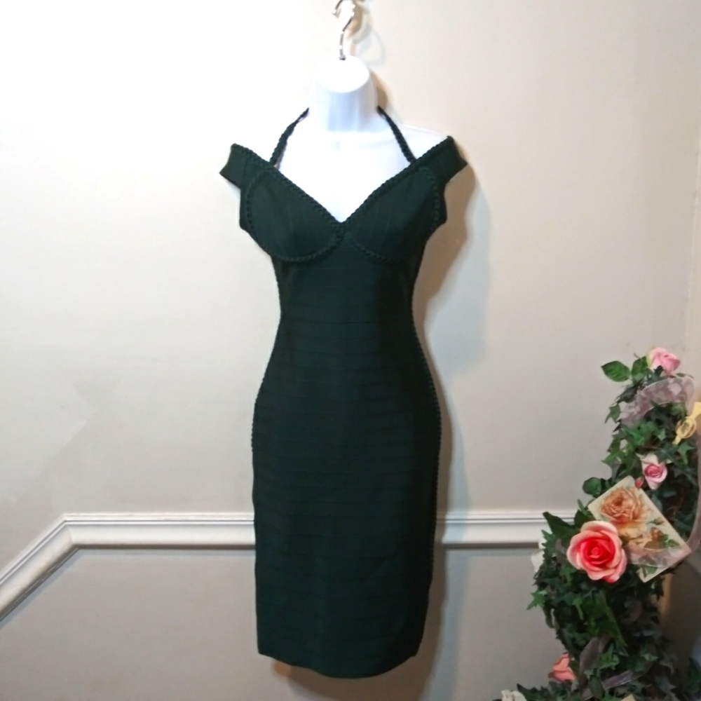 AKIRA Sexy Body-Con Dark Green Halter Necked, Off Shoulder Bandage Dress - Picture 14 of 14